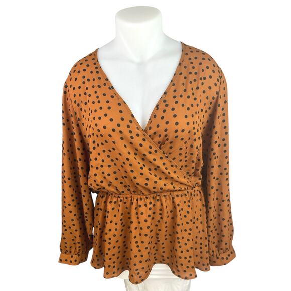 City Chic Dotty Women's Brown Long Sleeve Polka Dot Peplum Wrap Blouse Top XL - Picture 1 of 4
